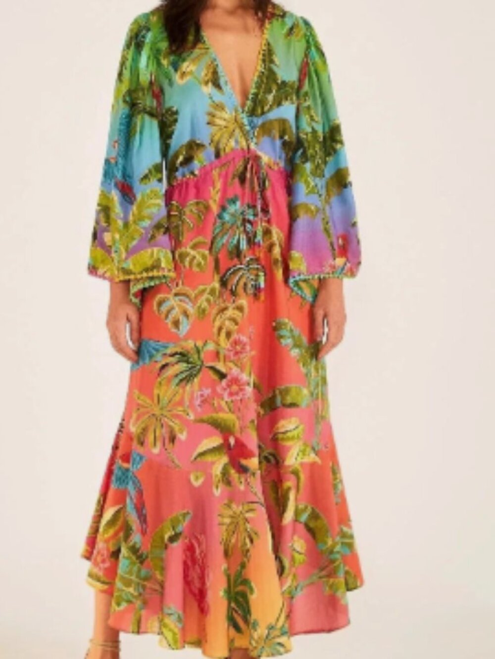 Farm Rio Ombre Forest Ruffle Tunic Dress Colorfull Tropical Maxi Dress Large - Picture 1 of 6